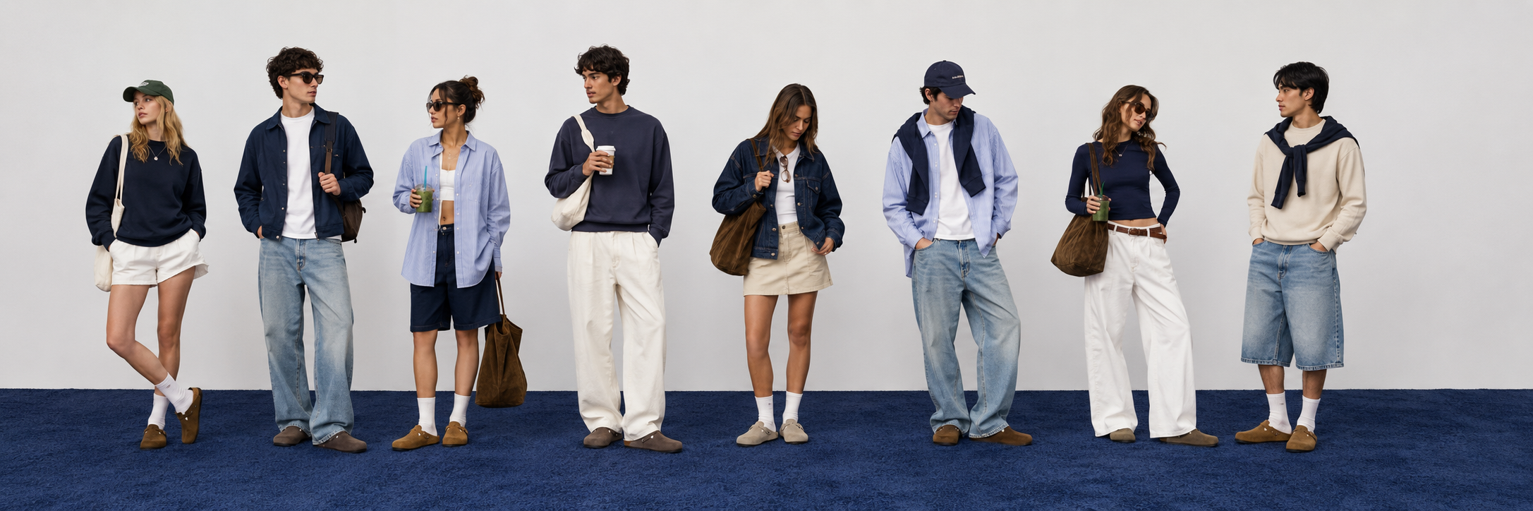 Casual unisex fashion lineup featuring relaxed fit jeans, shorts, sweaters, and clogs on blue carpet
